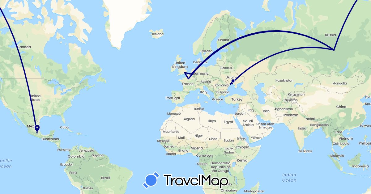 TravelMap itinerary: driving in Belgium, France, United Kingdom, Mexico, Russia, Ukraine (Europe, North America)